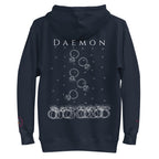 Daemon Rings of Transition cotton hoodie with navy blazer design, featuring a hood and unisex premium cotton fabric.