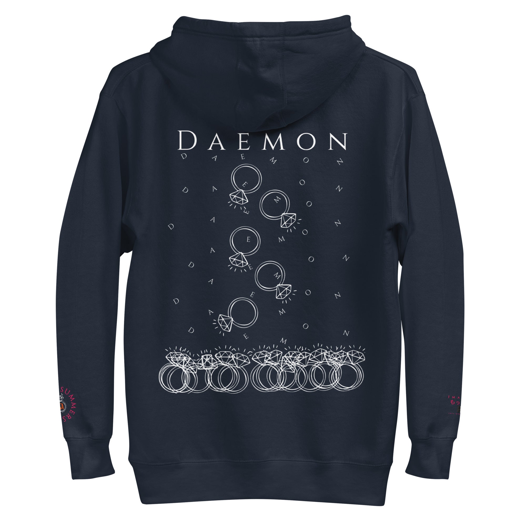 Daemon Rings of Transition cotton hoodie with navy blazer design, featuring a hood and unisex premium cotton fabric.