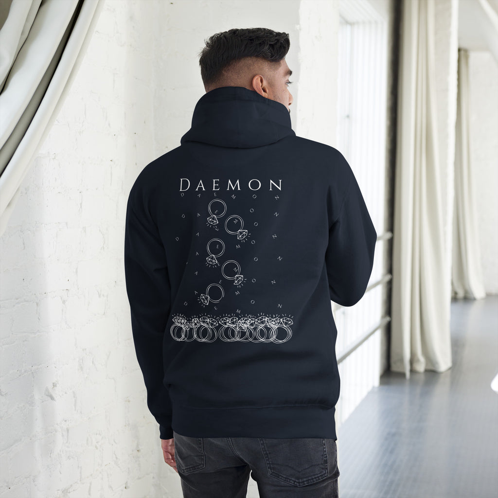 Daemon Rings of Transition cotton hoodie with navy blazer design, featuring a hood and casual fit for unisex wear.