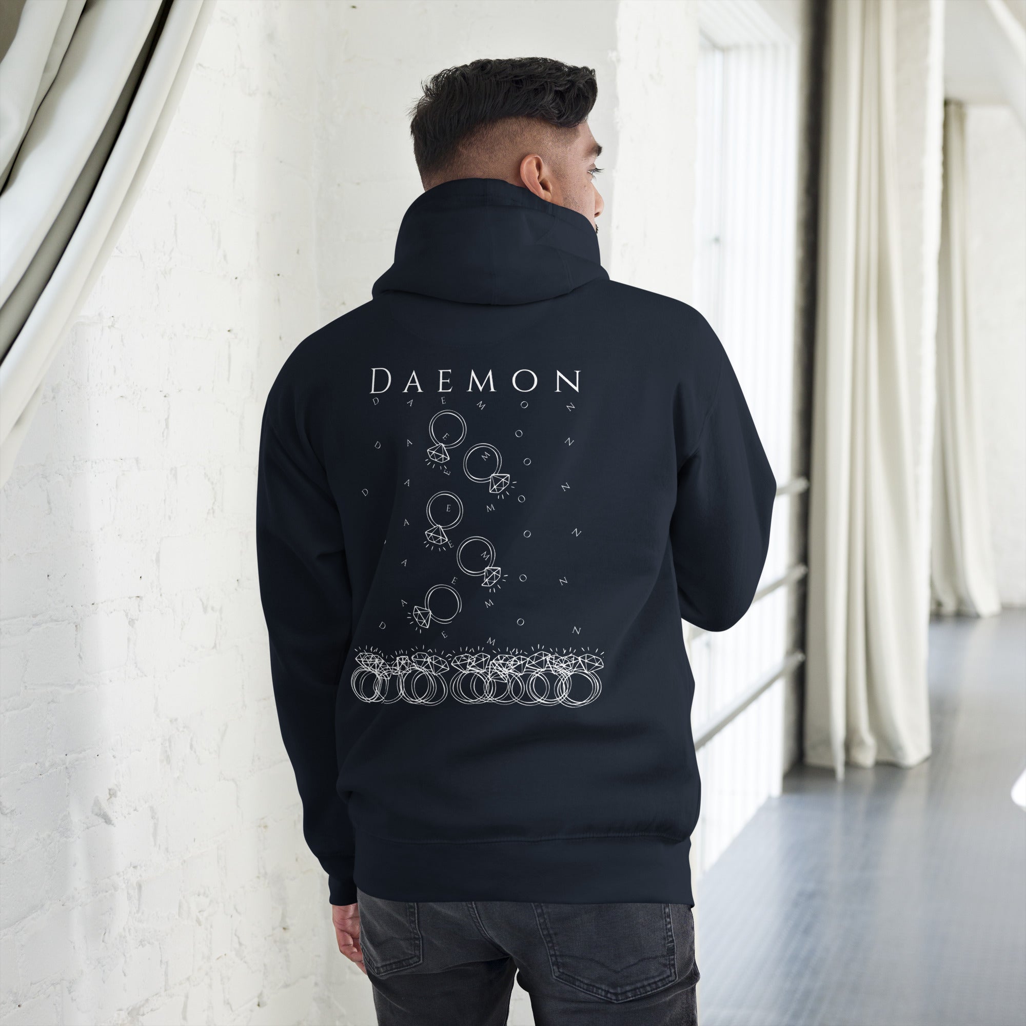 Daemon Rings of Transition cotton hoodie with navy blazer design, featuring a hood and casual fit for unisex wear.