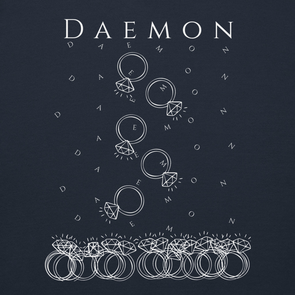 Daemon Rings of Transition cotton hoodie with navy blazer color, unisex fit, featuring a seamless transition design and hooded style.