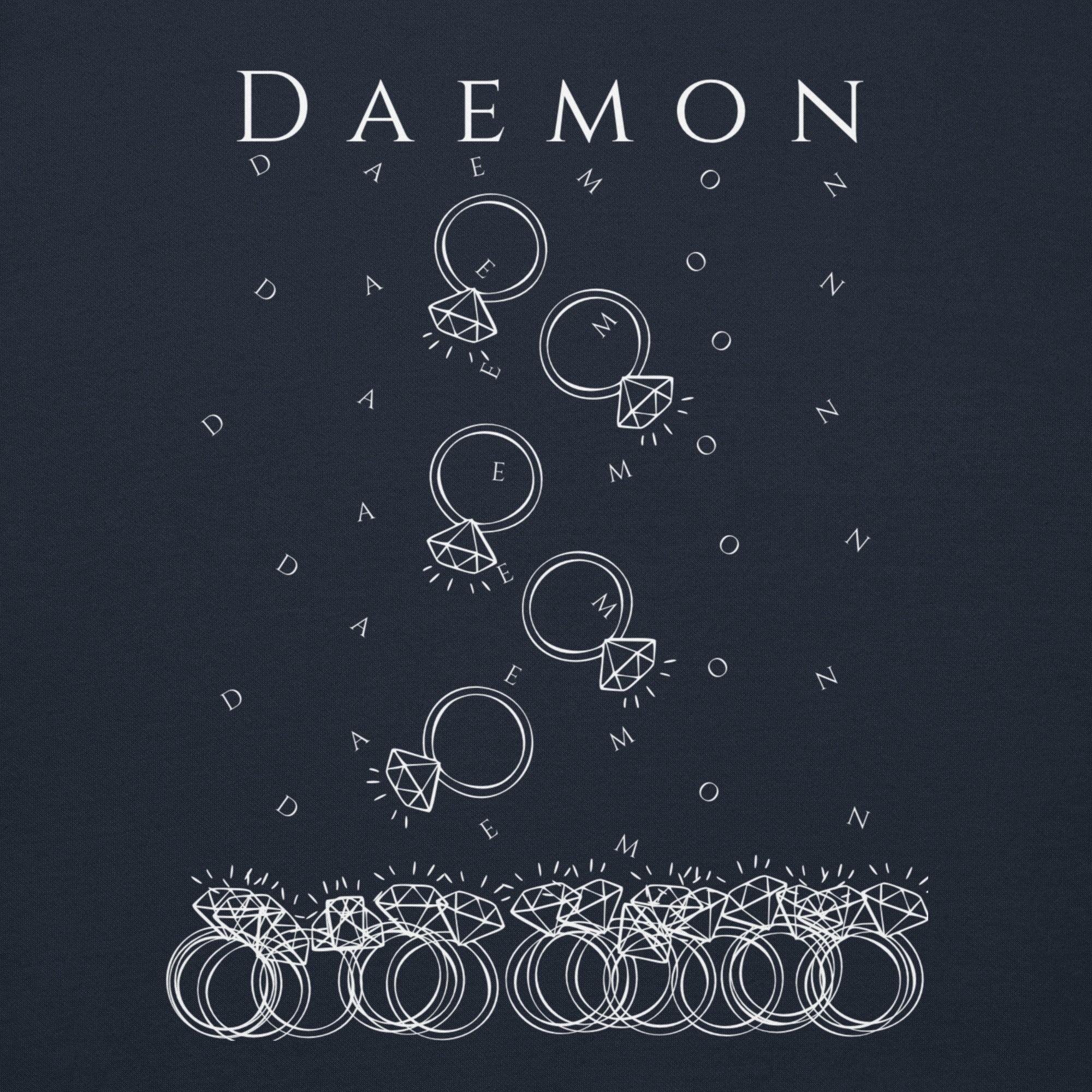 Daemon Rings of Transition cotton hoodie with navy blazer color, unisex fit, featuring a seamless transition design and hooded style.