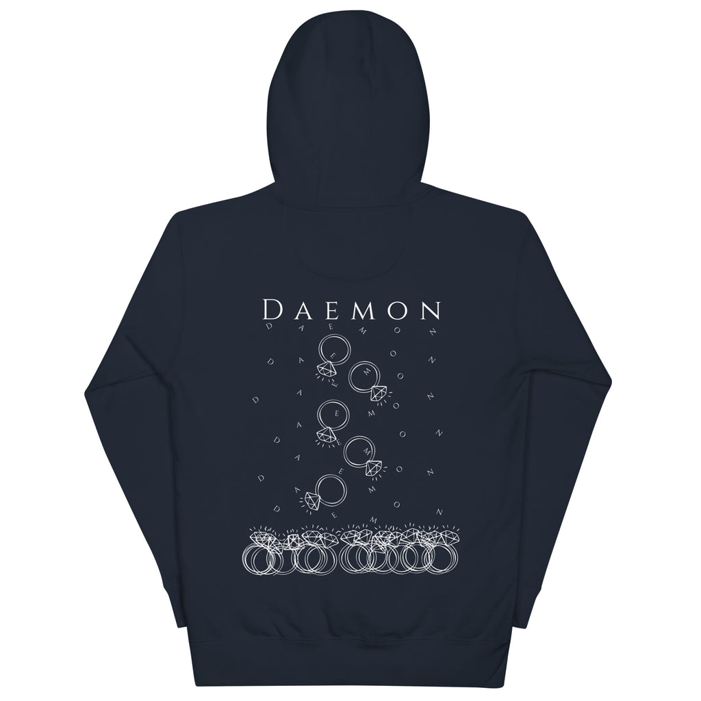 Daemon Rings of Transition cotton hoodie with navy blazer color, featuring a unisex premium pullover design and hood.