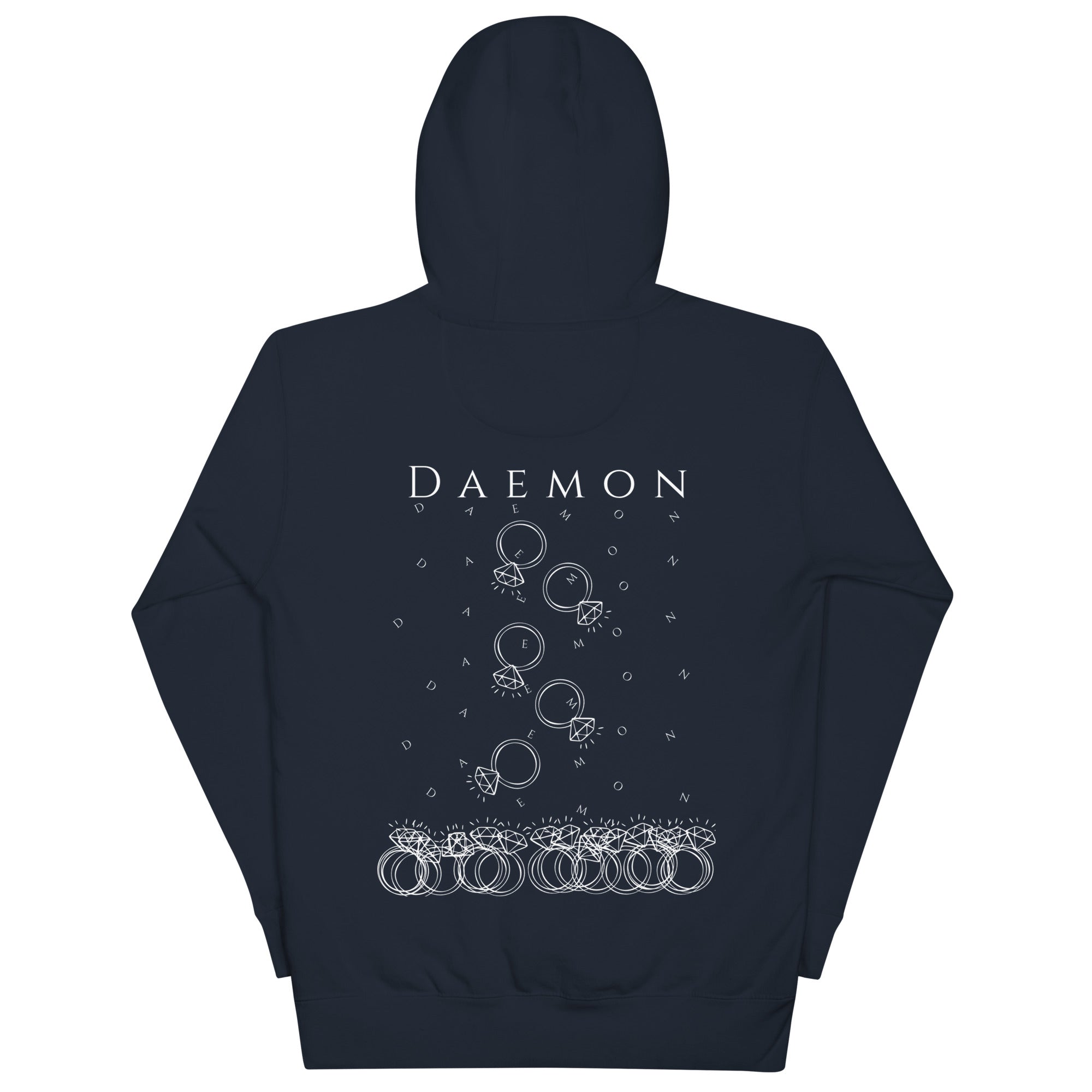 Daemon Rings of Transition cotton hoodie with navy blazer color, featuring a unisex premium pullover design and hood.