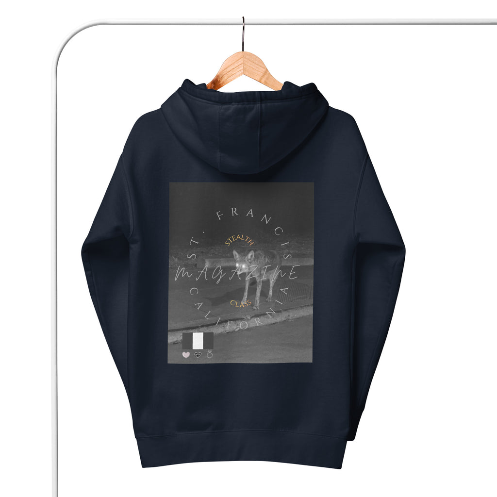 Daemon Luxury Potrero Hill Coyote Midnight unisex cotton hoodie with navy blazer back design.