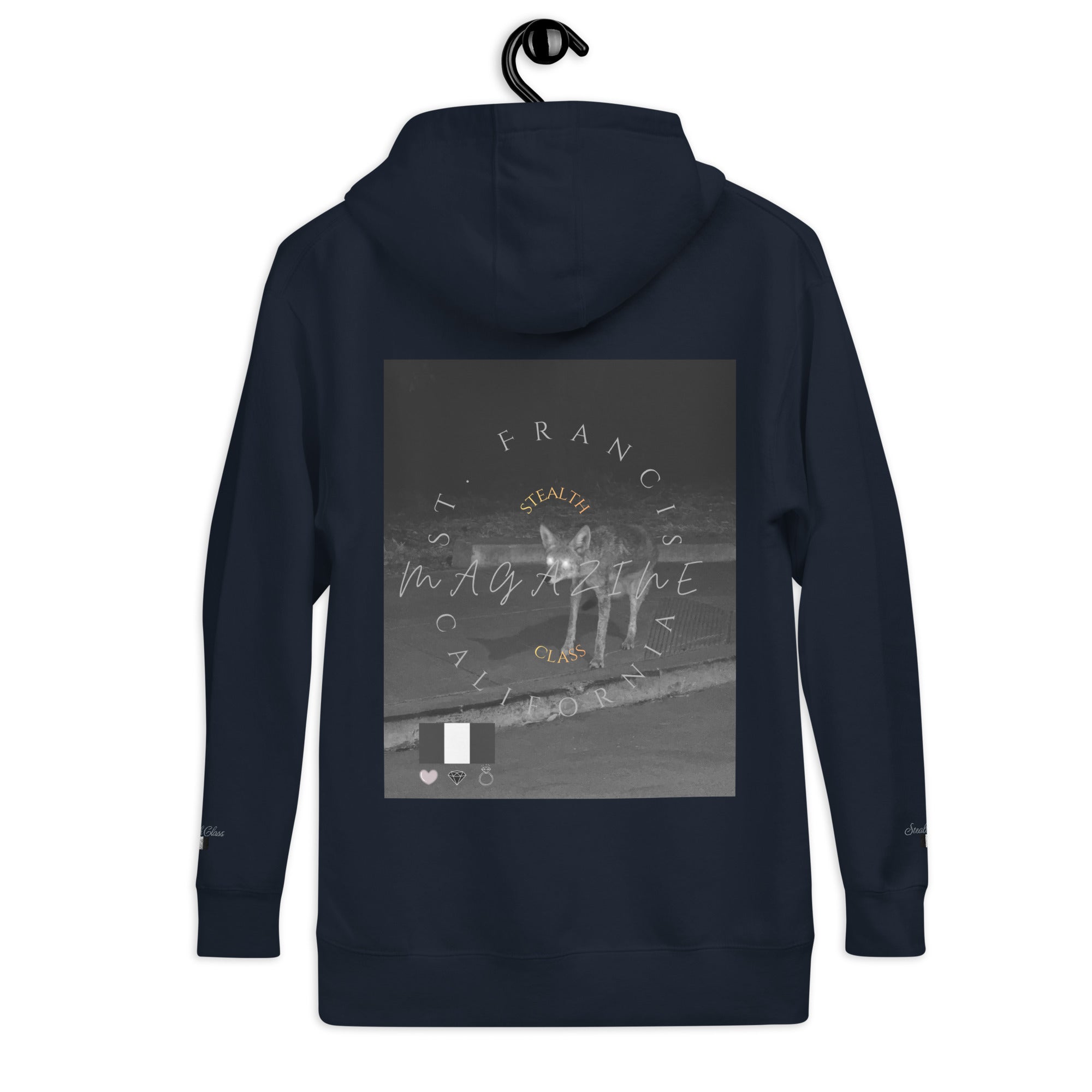 Daemon Luxury Potrero Hill Coyote Midnight unisex cotton hoodie with navy blazer accents and a comfortable pullover design.