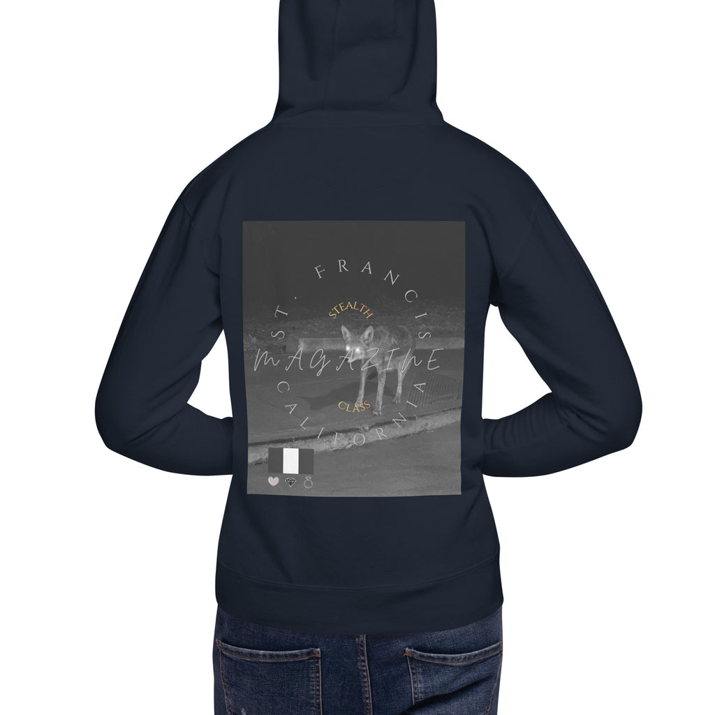 Daemon Luxury Potrero Hill Coyote Midnight unisex cotton hoodie with navy blazer back design.