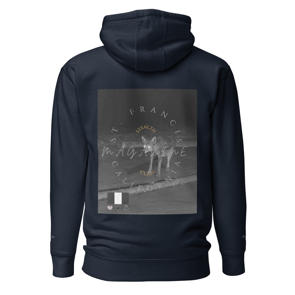 Daemon Luxury Potrero Hill Coyote midnight hoodie, unisex cotton pullover with hood in navy blazer color, front view.