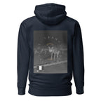 Daemon Luxury Potrero Hill Coyote midnight hoodie, unisex cotton pullover with hood in navy blazer color, front view.
