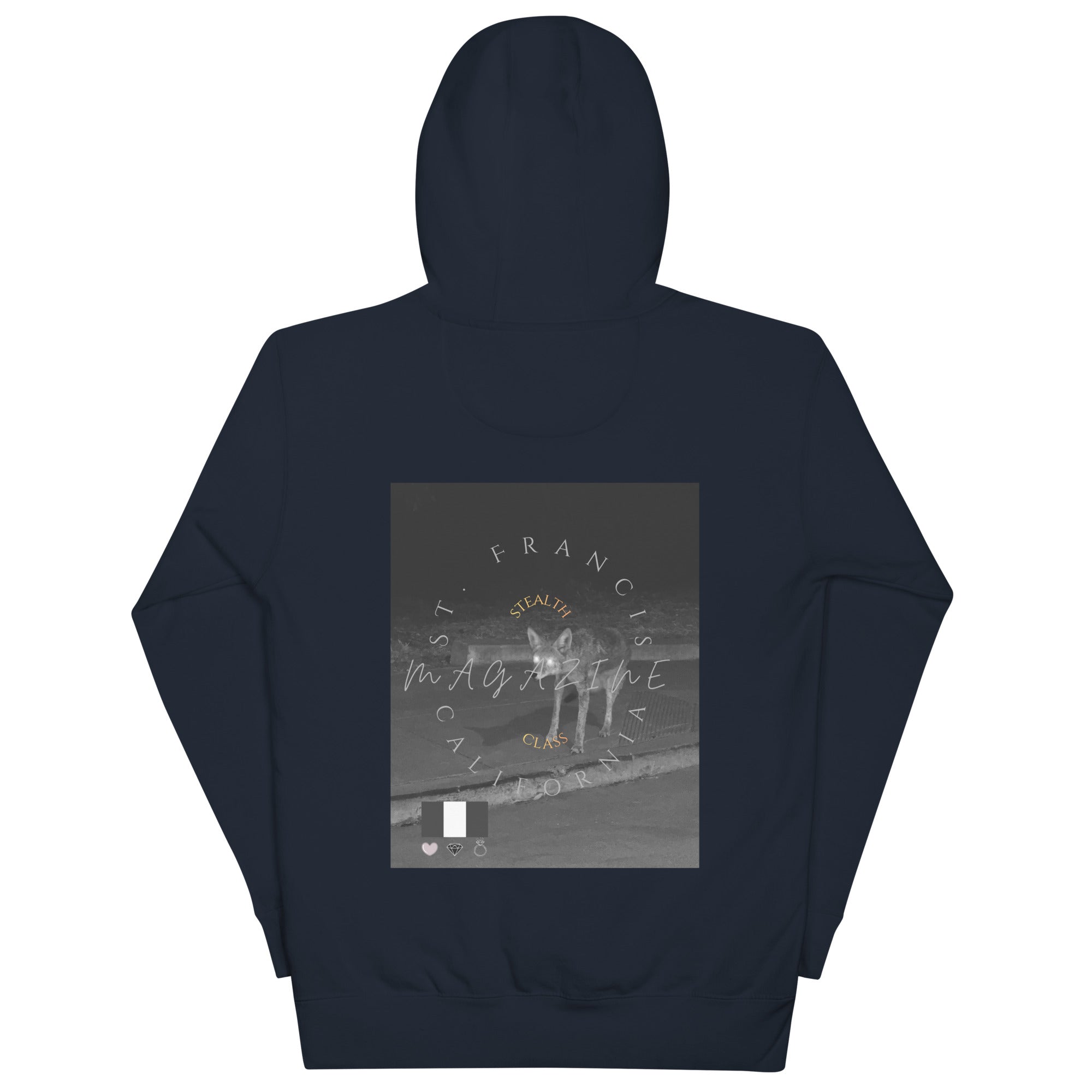 Daemon Luxury Potrero Hill Coyote midnight unisex cotton hoodie with navy blazer back design.