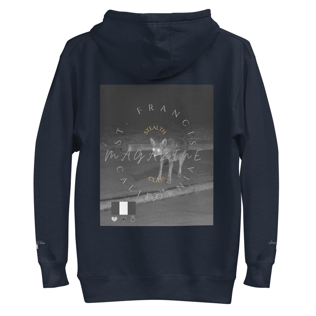 Daemon Luxury Potrero Hill Coyote midnight hoodie, navy blue cotton hoodie with front pocket and hood, unisex casual style.