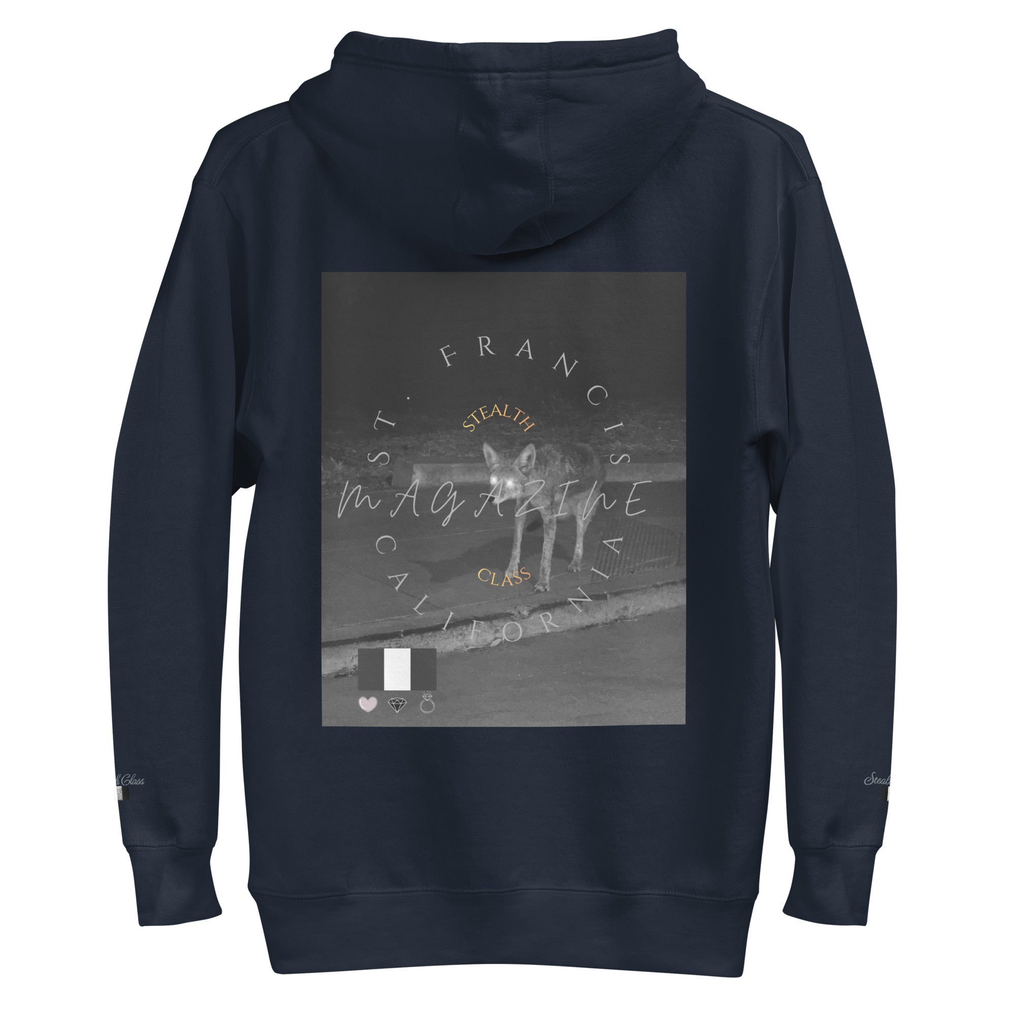 Daemon Luxury Potrero Hill Coyote midnight hoodie, navy blue cotton hoodie with front pocket and hood, unisex casual style.