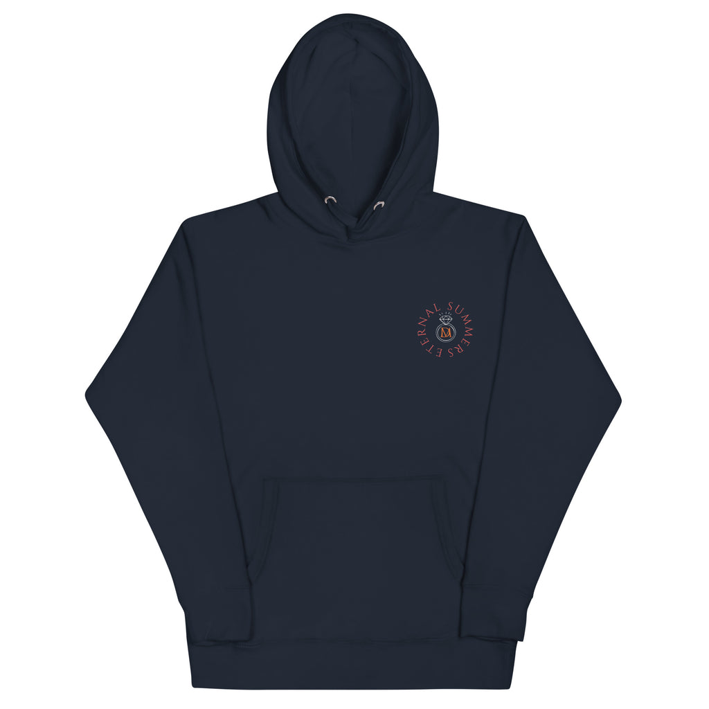 Daemon Eternal Stones unisex navy blazer cotton hoodie with front pocket and drawstrings, premium casual pullover.
