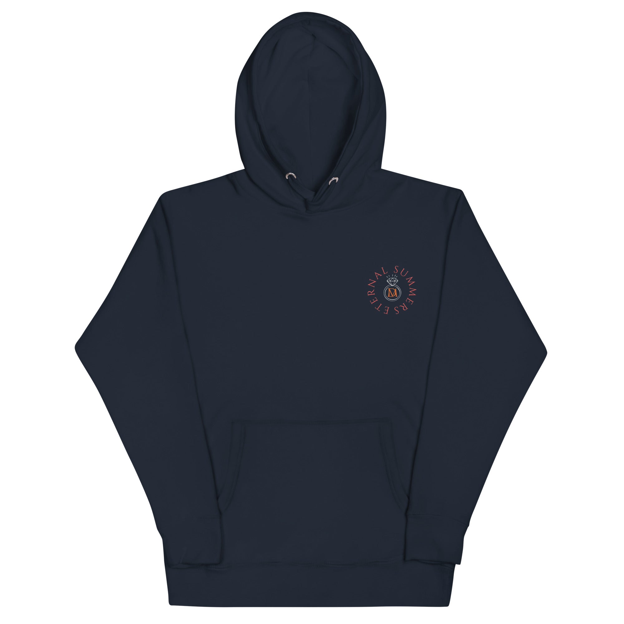 Daemon Eternal Stones unisex navy blazer cotton hoodie with front pocket and drawstrings, premium casual pullover.