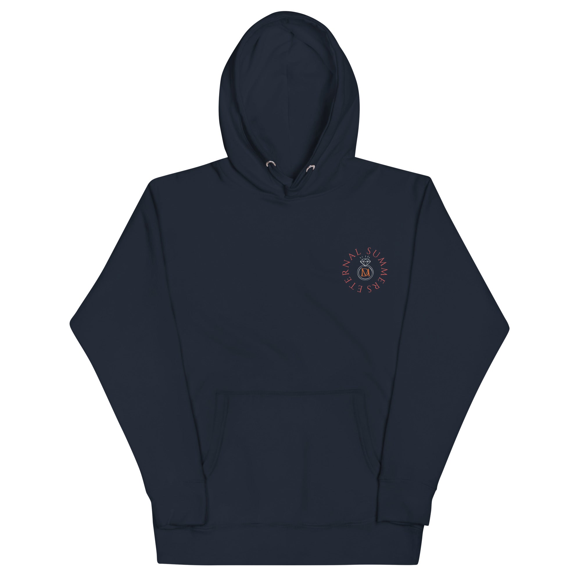 Daemon Eternal Stones cotton hoodie with a navy blazer design, featuring a hood and front pocket in a unisex premium pullover style.