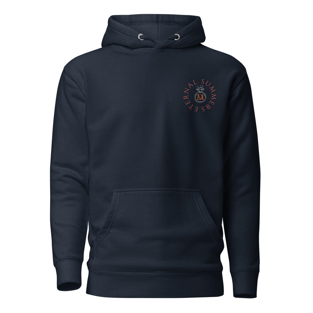 Daemon Eternal Stones hoodie in navy blazer with a front design, made from premium cotton heritage fabric, unisex and comfortable.