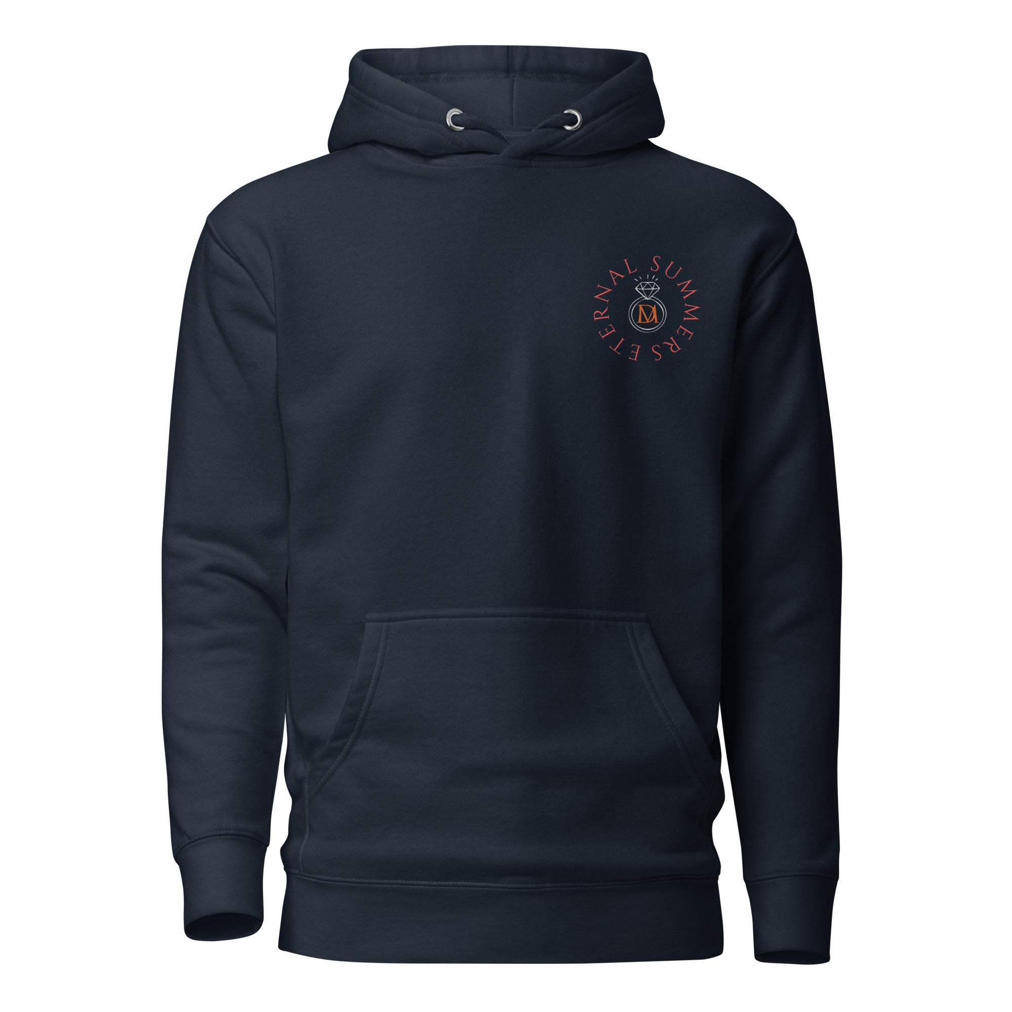 Daemon Eternal Stones hoodie in navy blazer with a front design, made from premium cotton heritage fabric, unisex and comfortable.