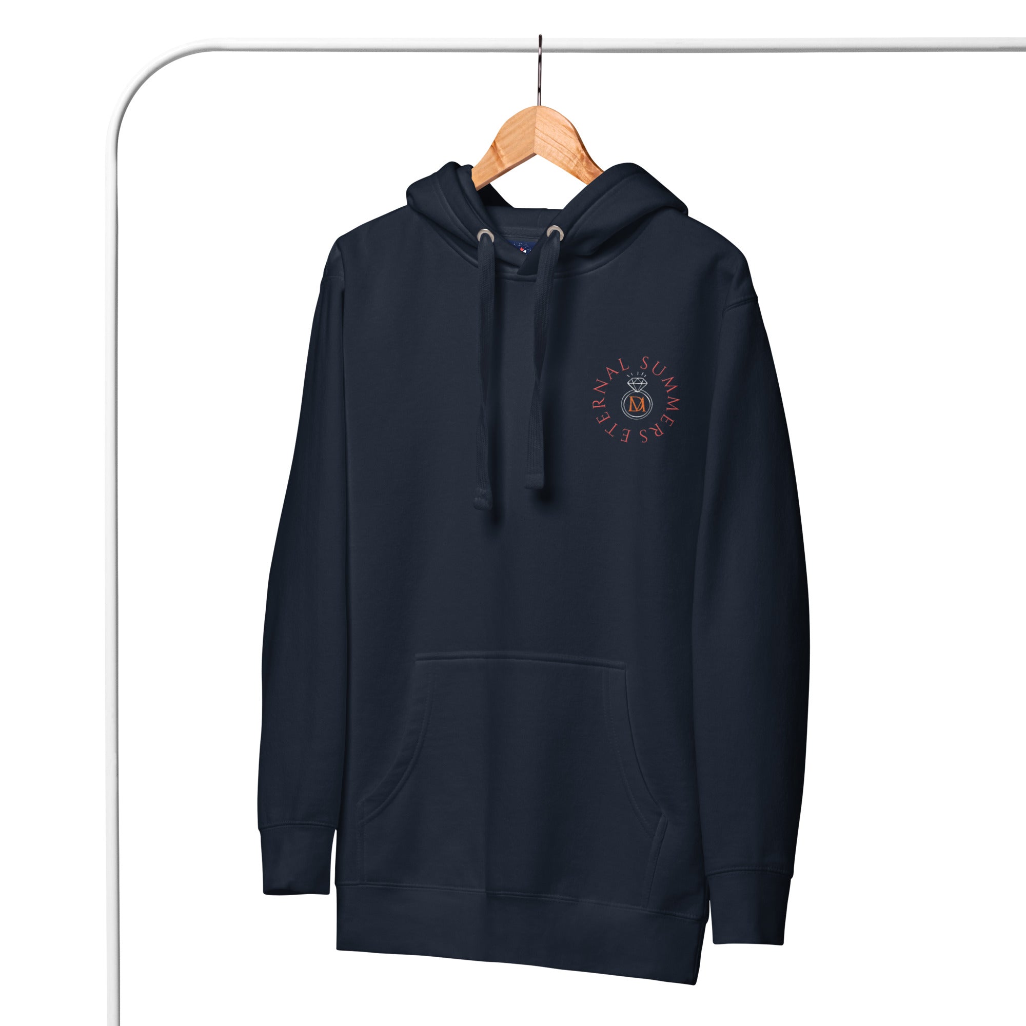 Daemon Eternal Stones unisex navy blazer cotton hoodie with front design, premium cotton fabric, and comfortable hood.