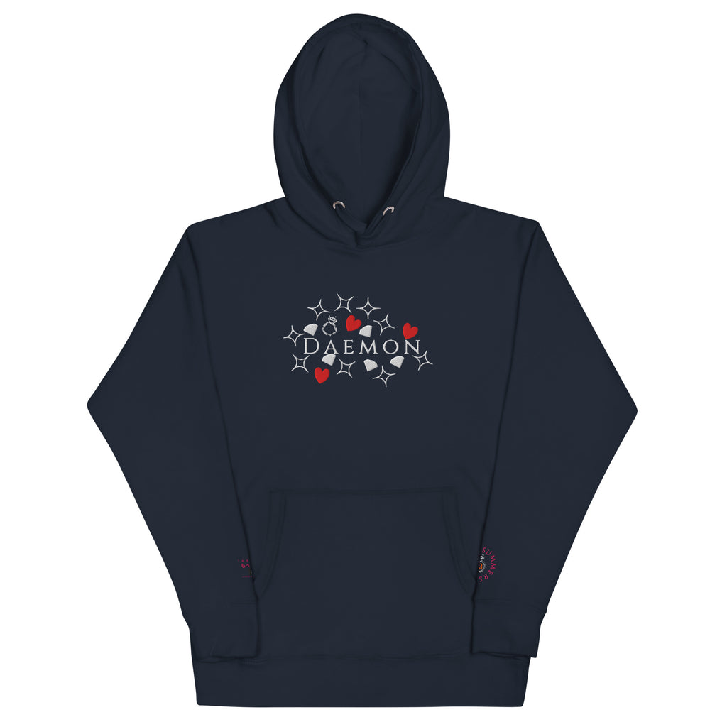 Unisex navy blue hoodie from Daemon's Rings of Transition collection featuring a cotton heritage fabric and a front design.