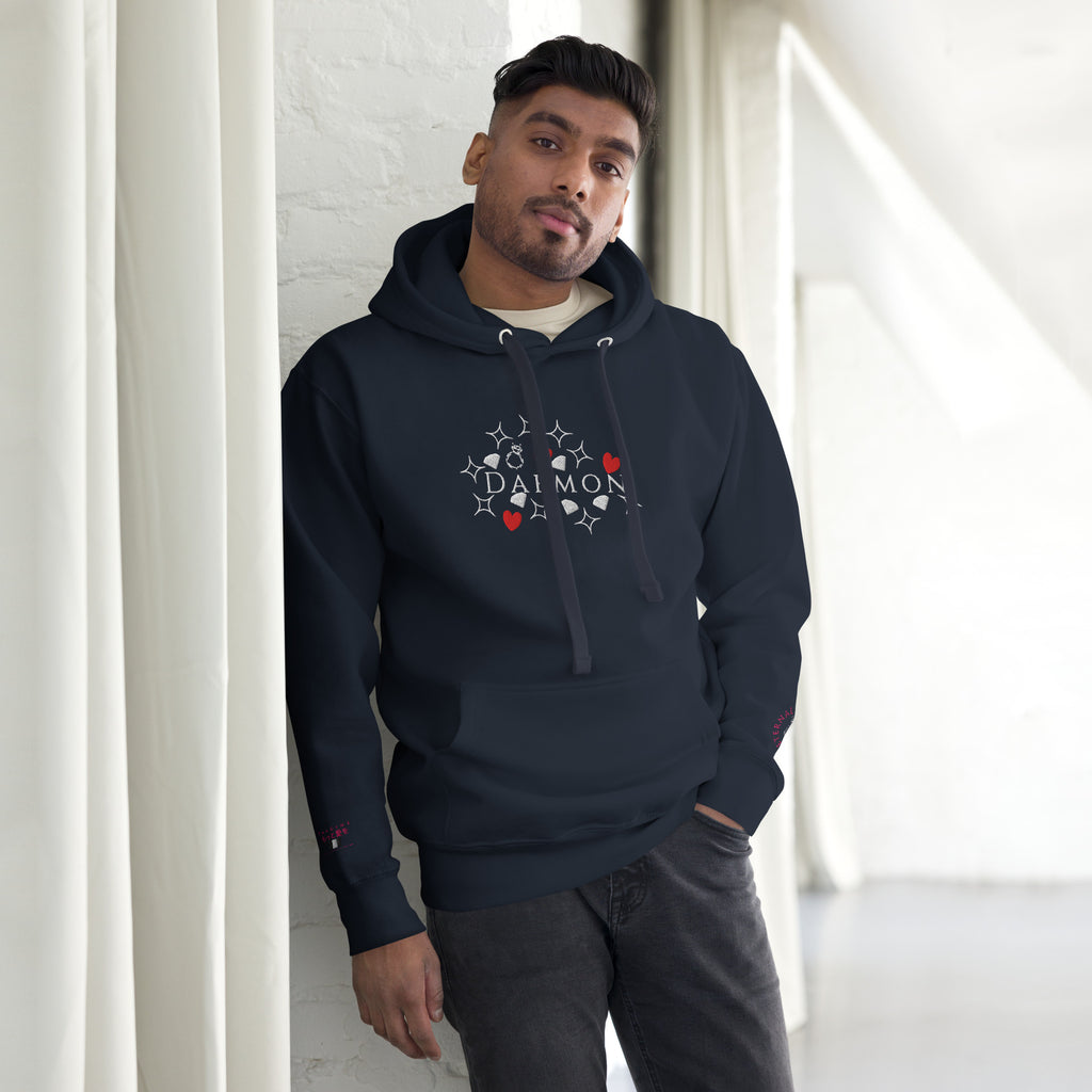 Daemon Rings of Transition cotton hoodie with navy blazer color, featuring a hood and casual unisex design.