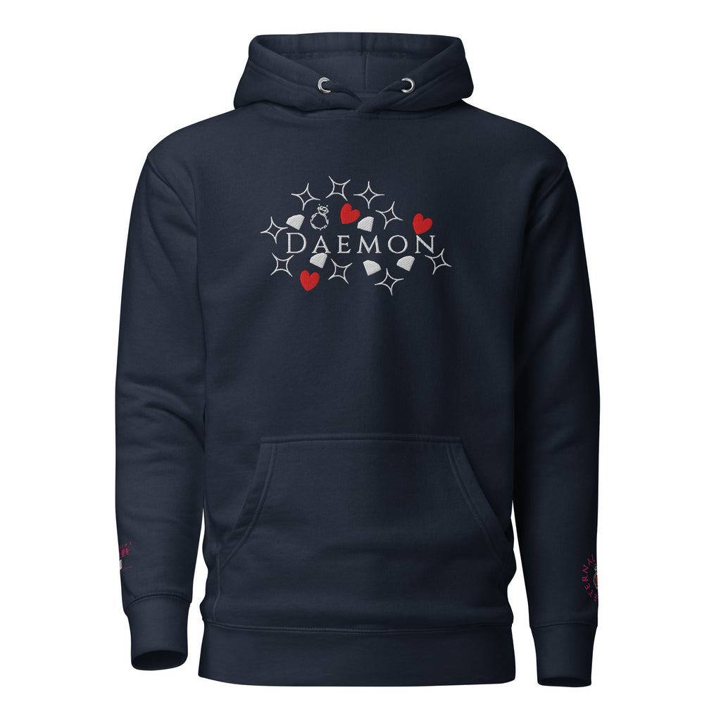 Daemon Rings of Transition cotton hoodie with hood in navy blazer color, featuring a relaxed fit and casual design.