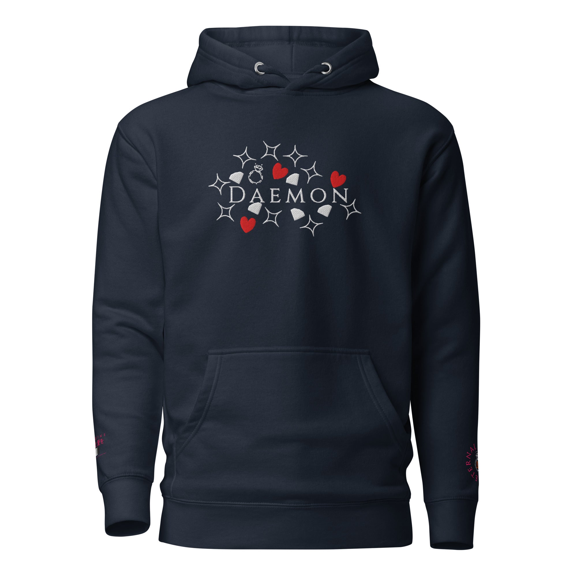 Daemon Rings of Transition cotton hoodie with hood in navy blazer color, featuring a relaxed fit and casual design.