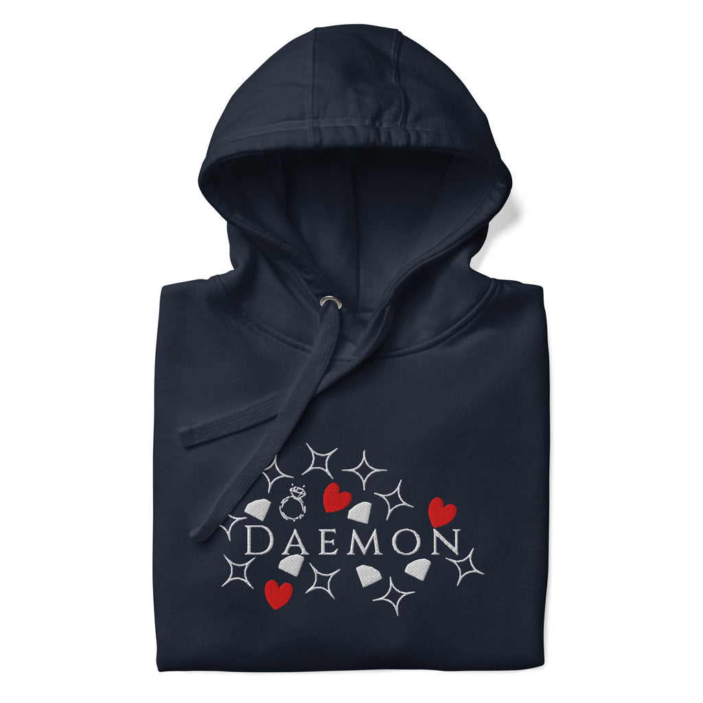 Daemon Rings of Transition unisex cotton hoodie with navy blazer color, featuring a cozy hood and stylish design.