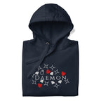 Daemon Rings of Transition unisex cotton hoodie with navy blazer color, featuring a cozy hood and stylish design.