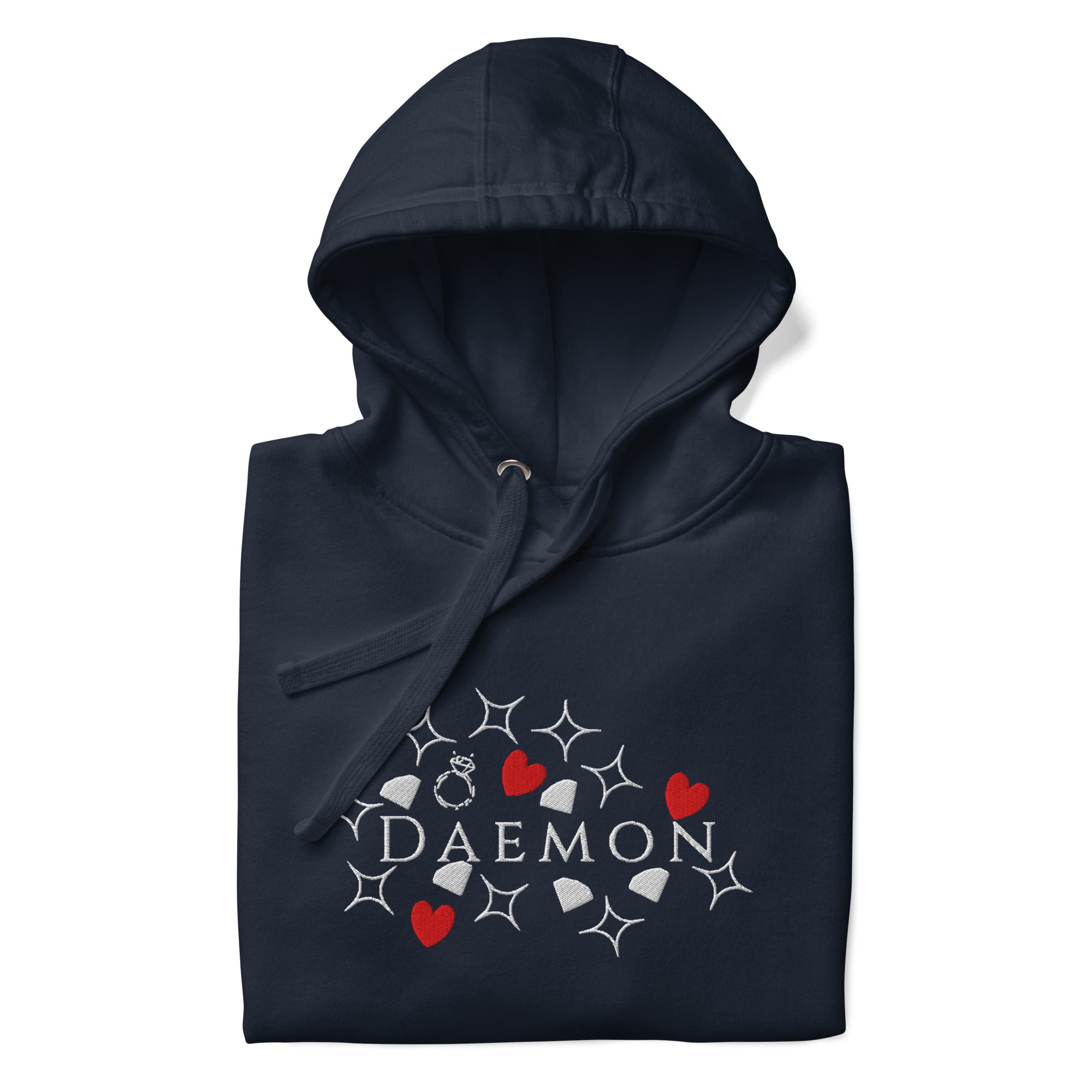 Daemon Rings of Transition unisex cotton hoodie with navy blazer color, featuring a cozy hood and stylish design.