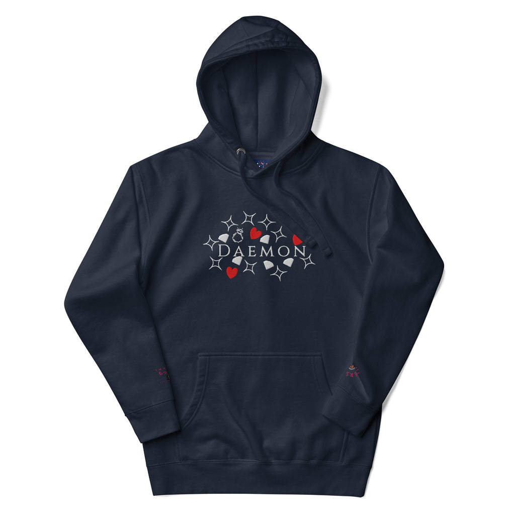 Unisex navy blue hoodie with "Rings of Transition" and "Daemon" branding, featuring a front pocket and adjustable drawstring hood.