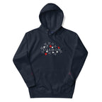 Unisex navy blue hoodie with "Rings of Transition" and "Daemon" branding, featuring a front pocket and adjustable drawstring hood.