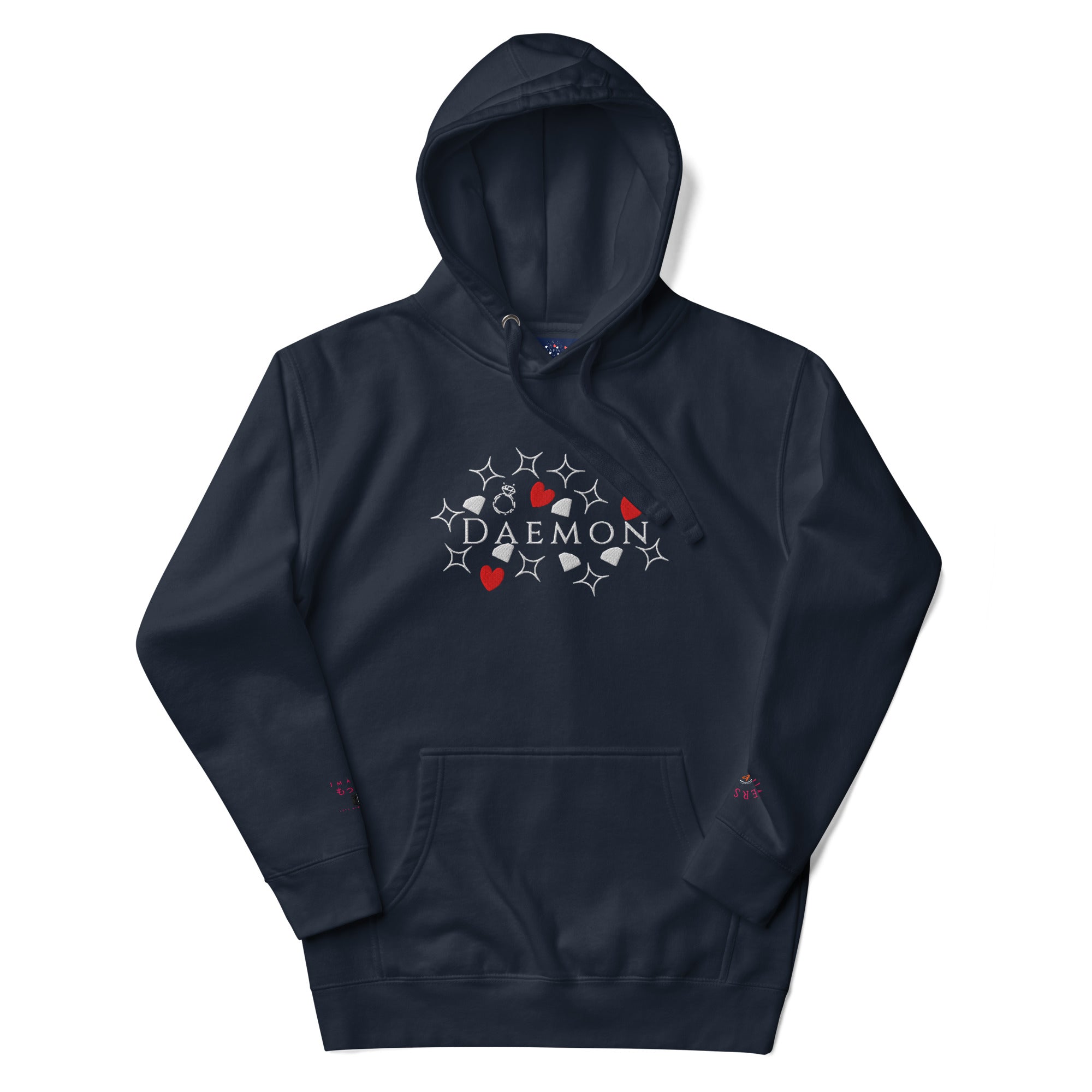 Unisex navy blue hoodie with "Rings of Transition" and "Daemon" branding, featuring a front pocket and adjustable drawstring hood.