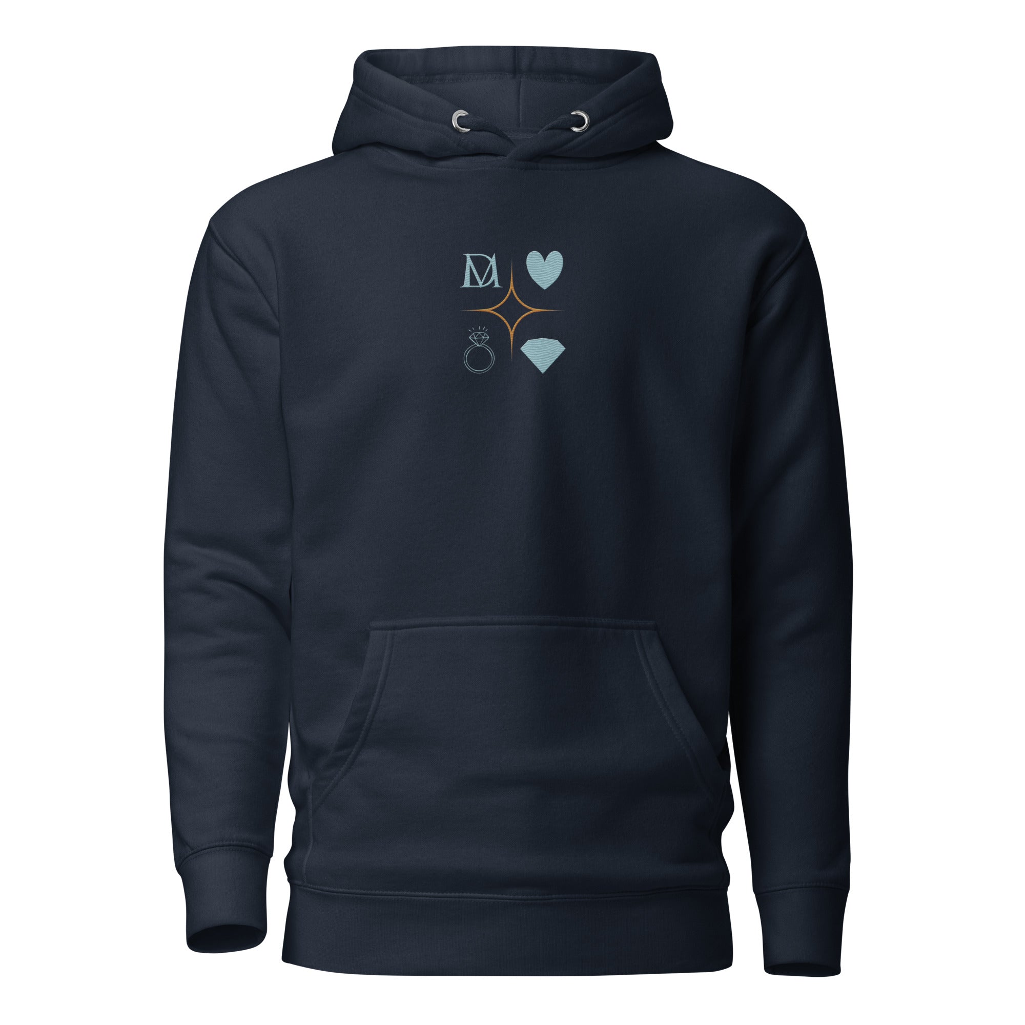Daemon Elemental Powers unisex navy blazer cotton hoodie with front design and adjustable drawstrings.