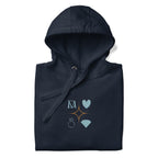 Daemon Elemental Powers hoodie in navy blazer, unisex cotton fleece with front design and adjustable hood.
