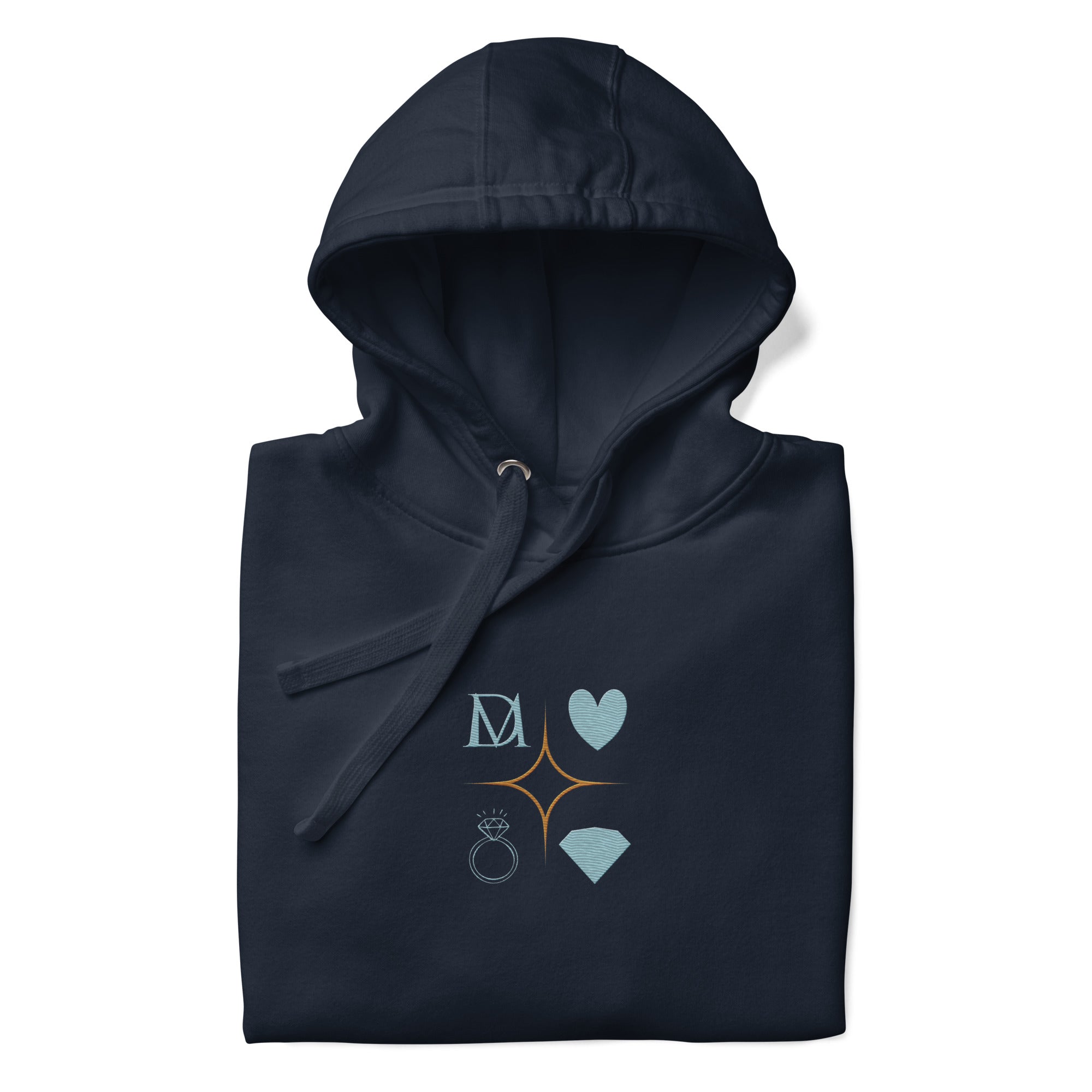 Daemon Elemental Powers hoodie in navy blazer, unisex cotton fleece with front design and adjustable hood.