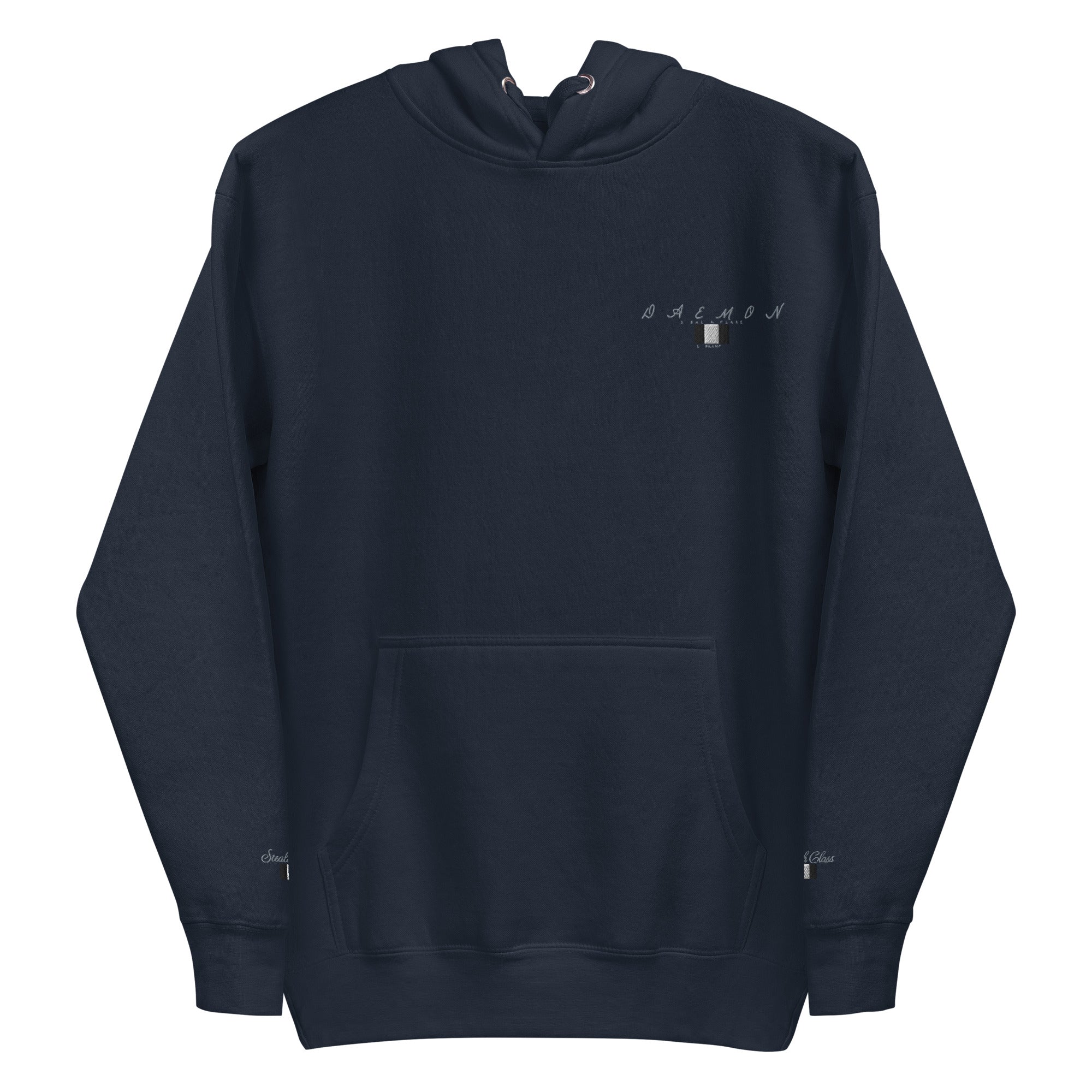 Daemon Luxury Potrero Hill Coyote Midnight unisex cotton hoodie with front design and hood, navy blazer color.
