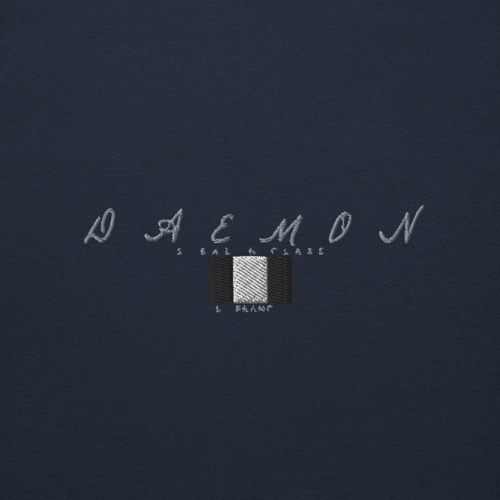 Daemon Luxury Potrero Hill Coyote Midnight unisex cotton hoodie with front design and hood, navy blazer color.