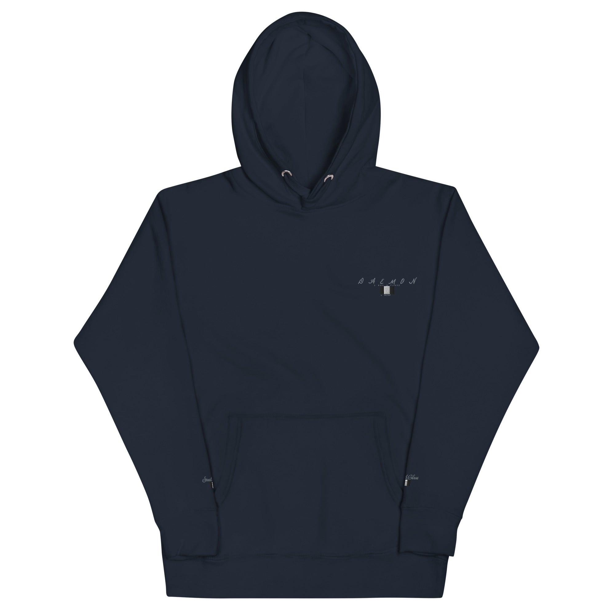 Daemon Luxury Potrero Hill Coyote Midnight unisex cotton hoodie with front design in navy blazer color.