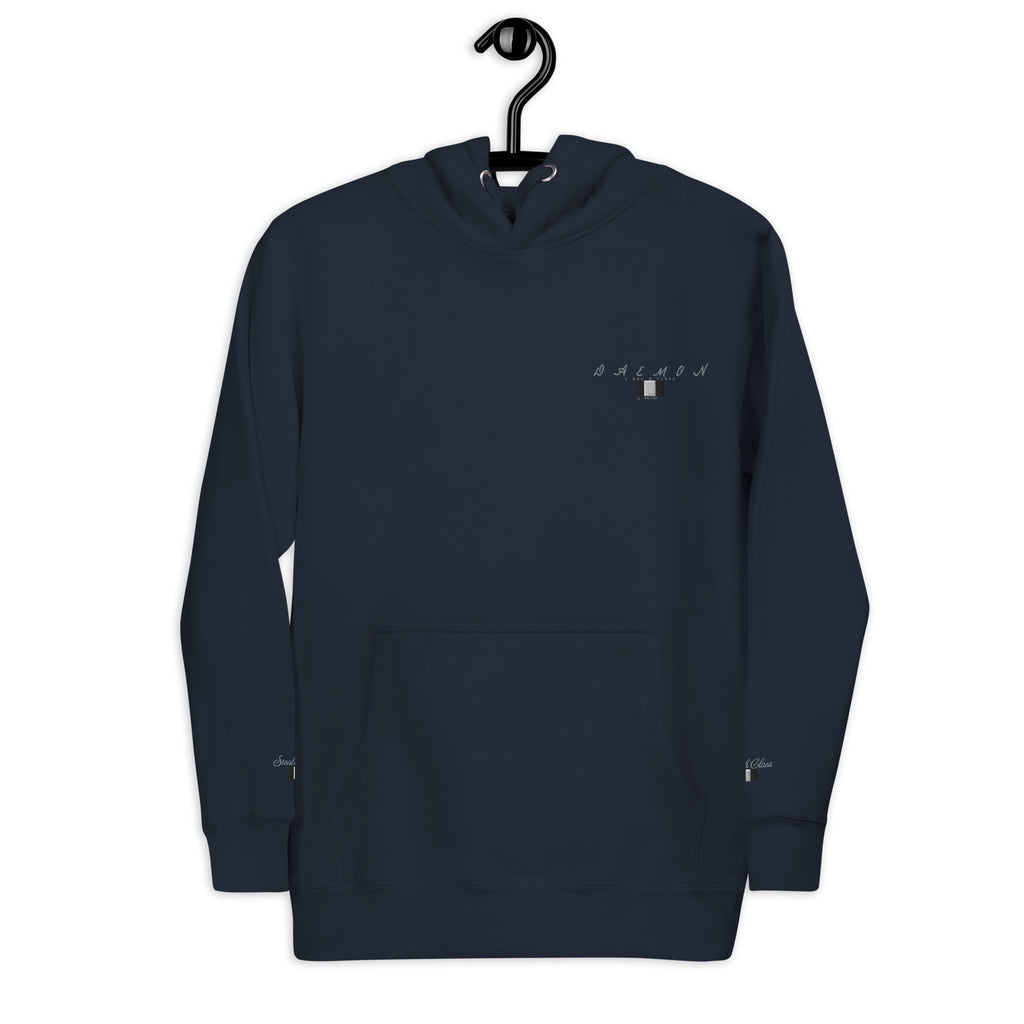 Daemon Luxury Potrero Hill Coyote Midnight unisex cotton hoodie with front design, navy blazer color, and cozy hood.