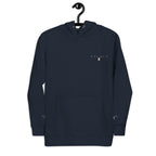 Daemon Luxury Potrero Hill Coyote Midnight unisex cotton hoodie with front design, navy blazer color, and cozy hood.
