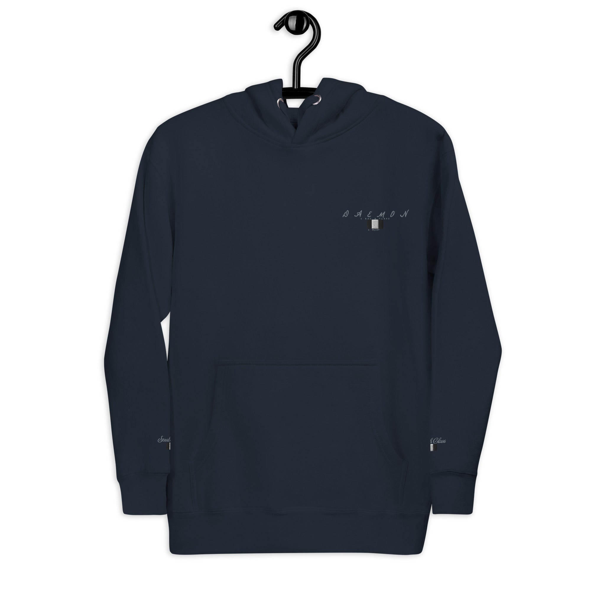Daemon Luxury Potrero Hill Coyote Midnight unisex cotton hoodie with front design, navy blazer color, and cozy hood.