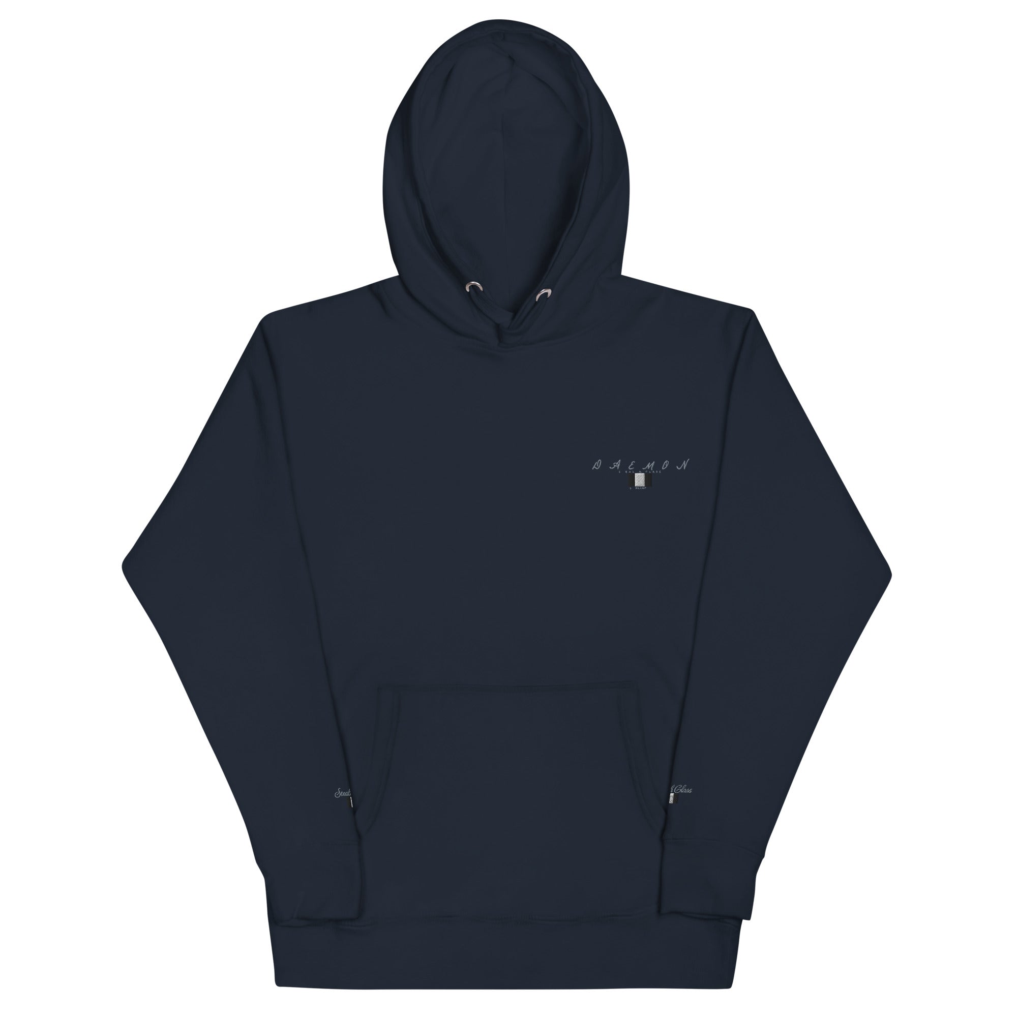 Daemon Luxury Potrero Hill Coyote Midnight unisex cotton hoodie with front pocket and hood, navy blazer color.