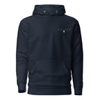 Daemon Luxury Potrero Hill Coyote Midnight hoodie, unisex cotton pullover with hood, navy blazer color, front view.