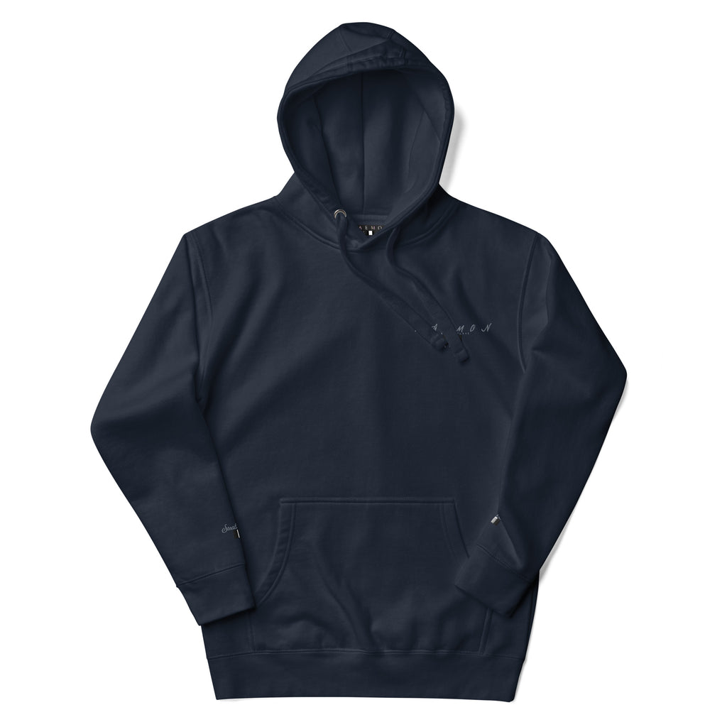 Daemon Luxury Potrero Hill Coyote Midnight unisex cotton hoodie with front design, navy blazer color and cozy hood.