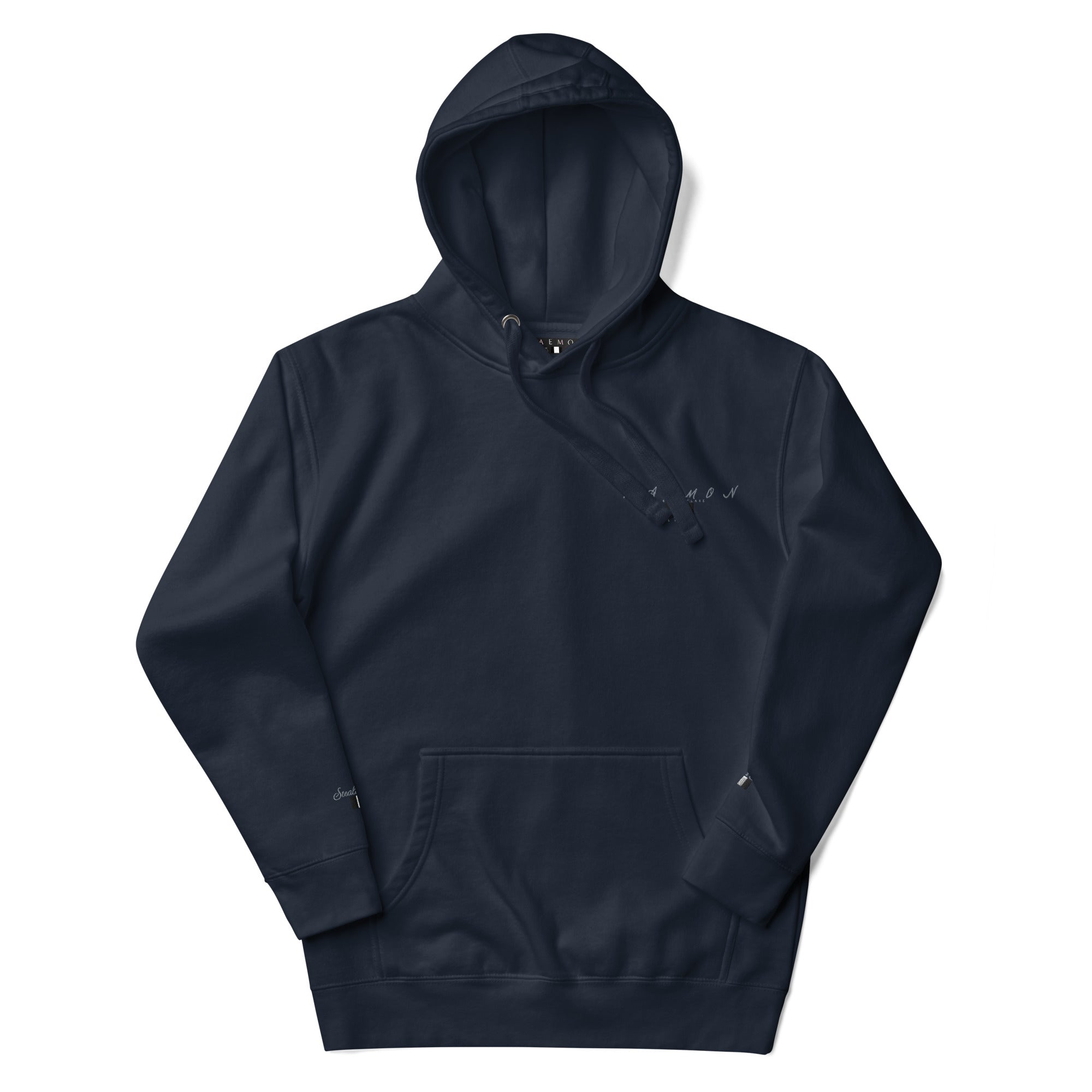 Daemon Luxury Potrero Hill Coyote Midnight unisex cotton hoodie with front design, navy blazer color and cozy hood.