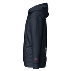 Daemon Rings of Transition cotton hoodie with navy blazer design, featuring a hood and relaxed fit for unisex wear.