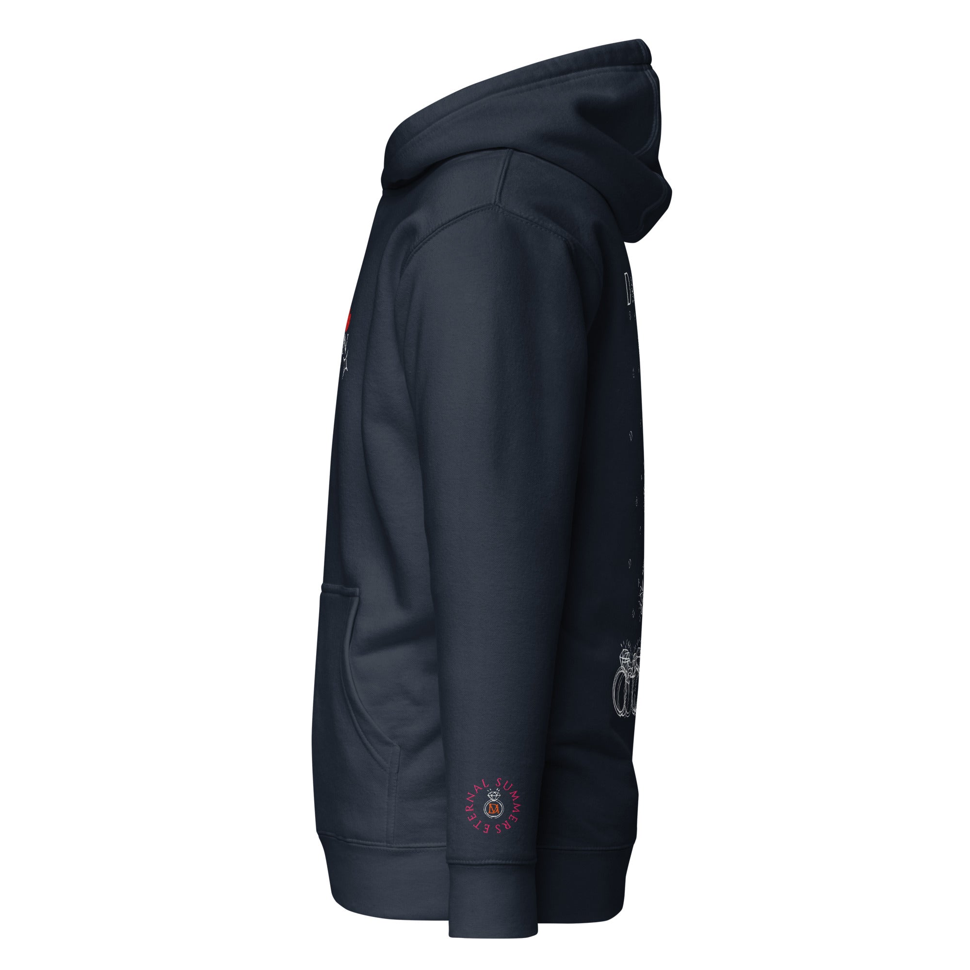 Daemon Rings of Transition cotton hoodie with navy blazer design, featuring a hood and relaxed fit for unisex wear.