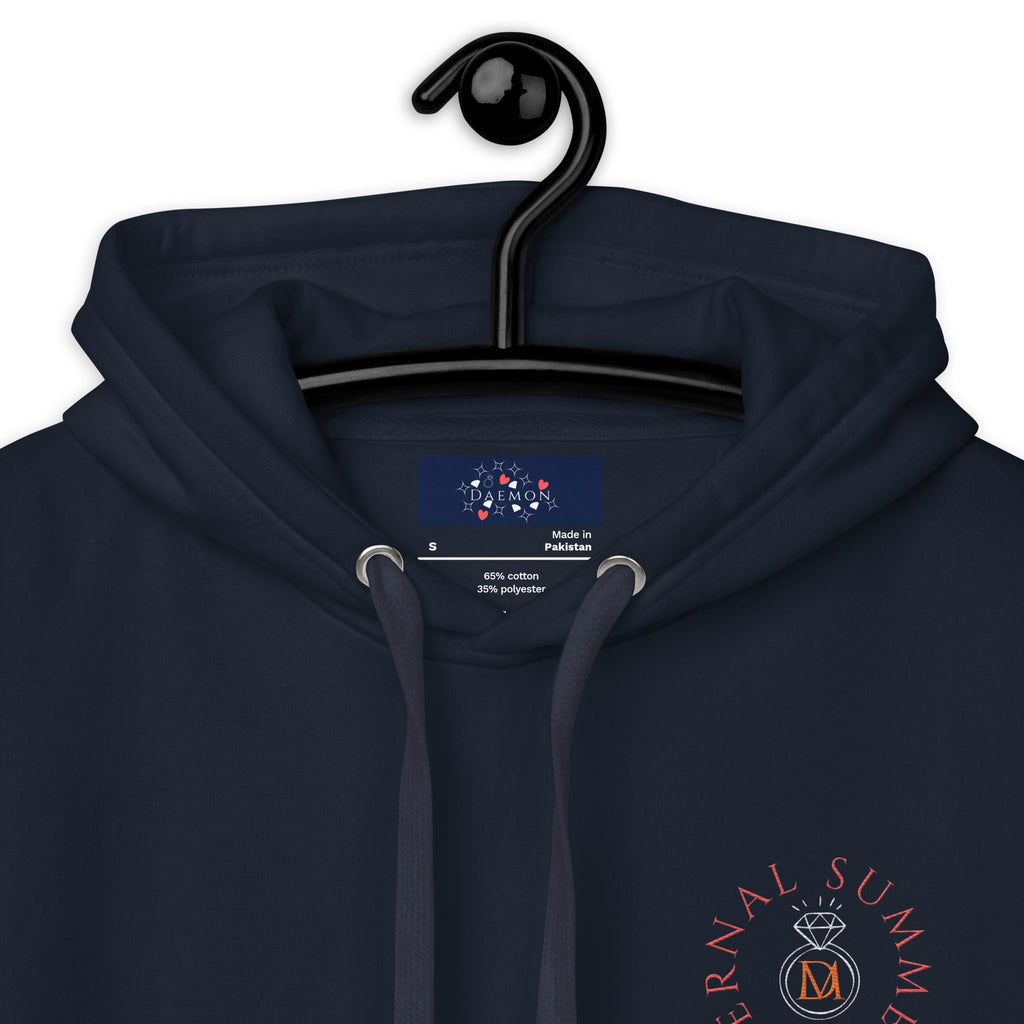 Daemon Eternal Stones unisex navy blazer cotton hoodie with a hood and premium fabric, close-up view of the pullover.