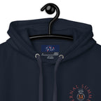 Daemon Eternal Stones unisex navy blazer cotton hoodie with a hood and premium fabric, close-up view of the pullover.