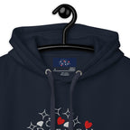 Close-up of Daemon Rings of Transition cotton hoodie with navy blazer color, featuring a hood and textured fabric.